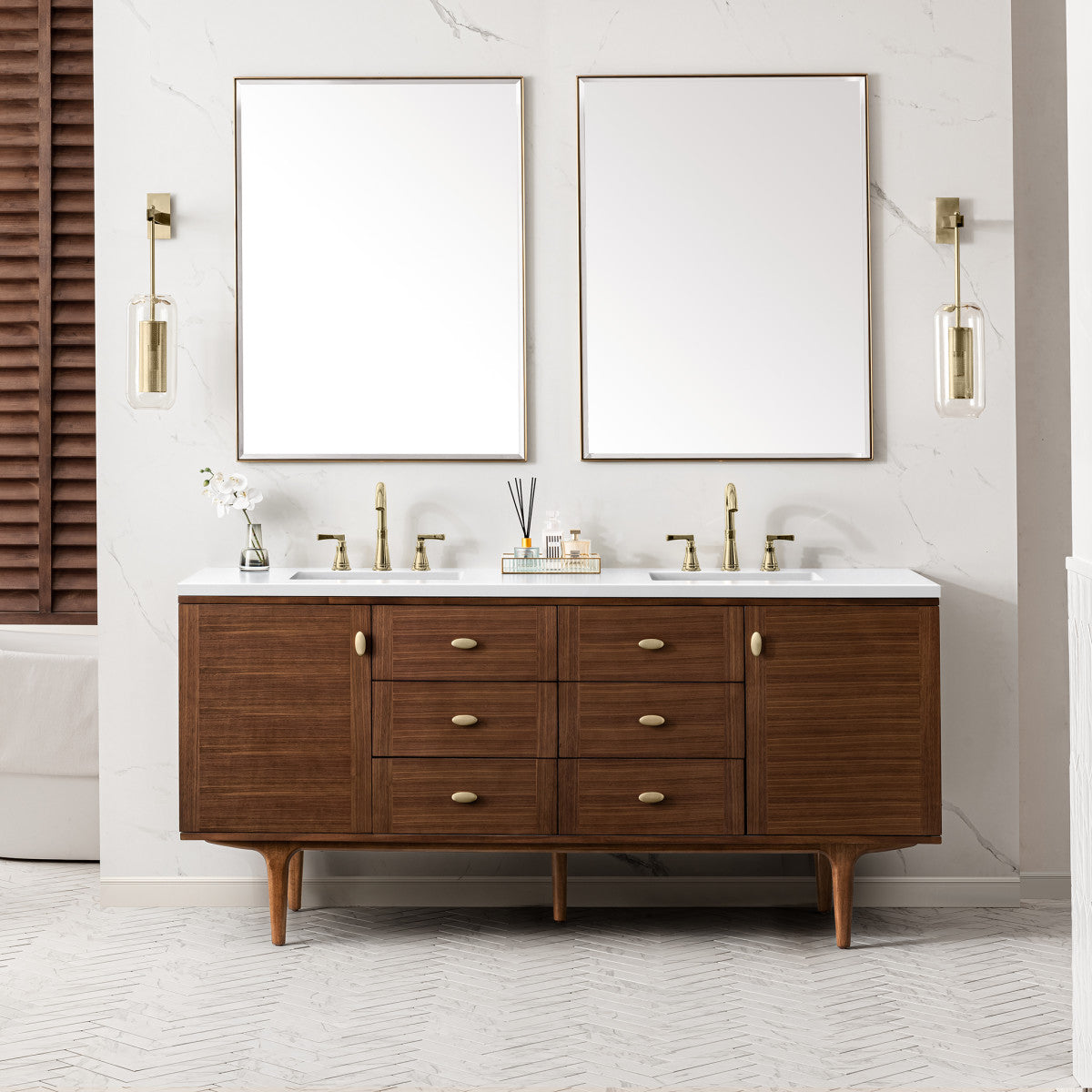 Amberly 72" Double Vanity Cabinet, Mid-Century Walnut