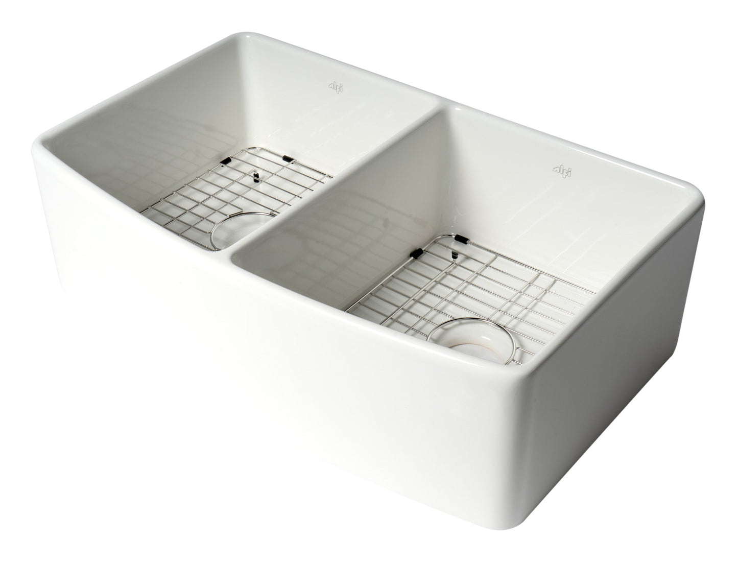 ALFI brand ABFC3320D ABFC3320D-W White Smooth Curved Apron 33" x 20" Double Bowl Fireclay Farm Sink with Grid