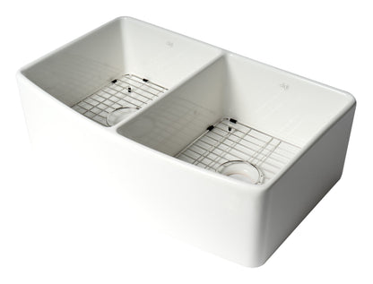 ALFI brand ABFC3320D ABFC3320D-W White Smooth Curved Apron 33" x 20" Double Bowl Fireclay Farm Sink with Grid