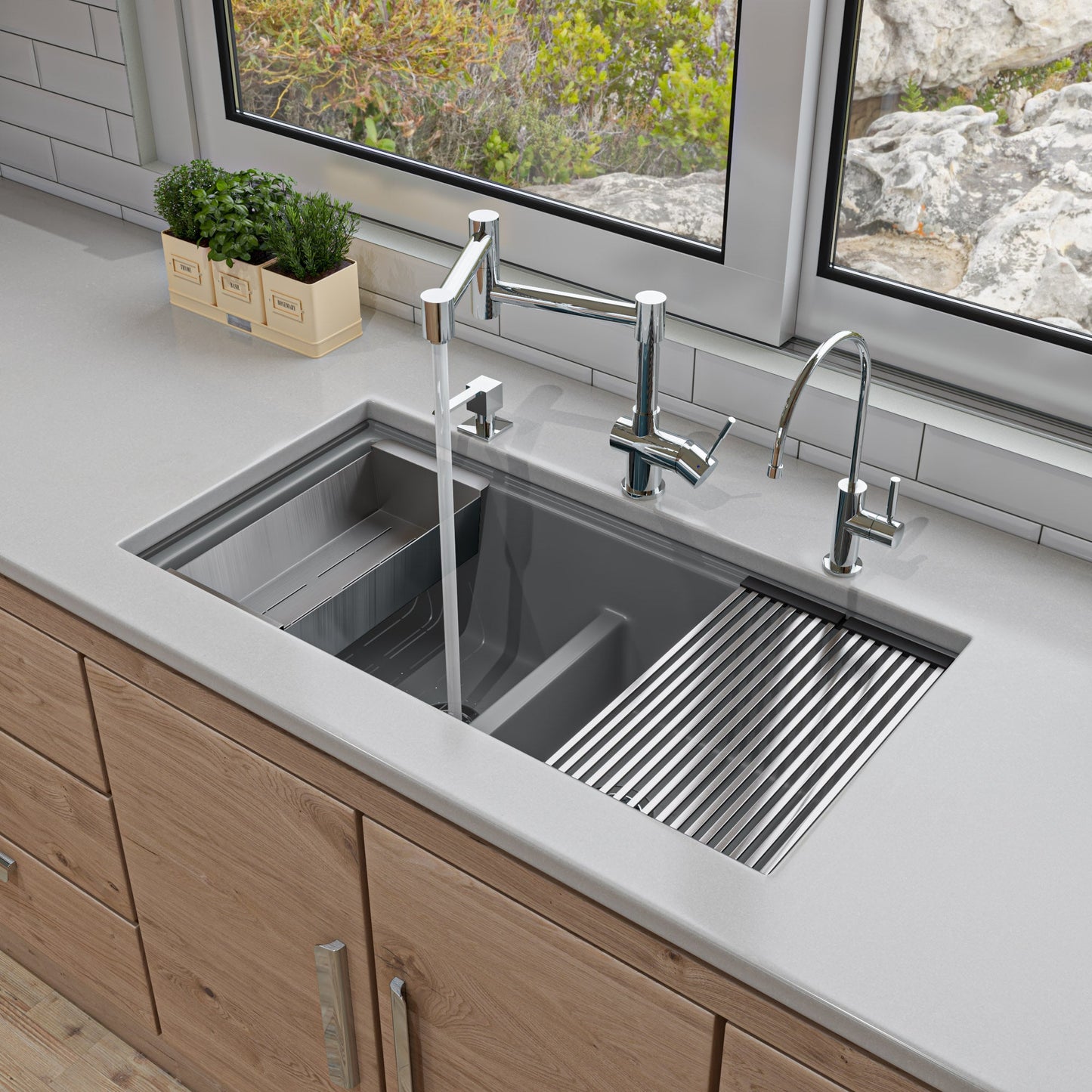 ALFI brand AB3418DBUM 33" Granite Composite Workstation Step Rim Double Bowl Undermount Sink with Accessories