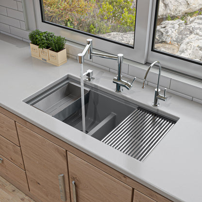 ALFI brand AB3418DBUM 33" Granite Composite Workstation Step Rim Double Bowl Undermount Sink with Accessories