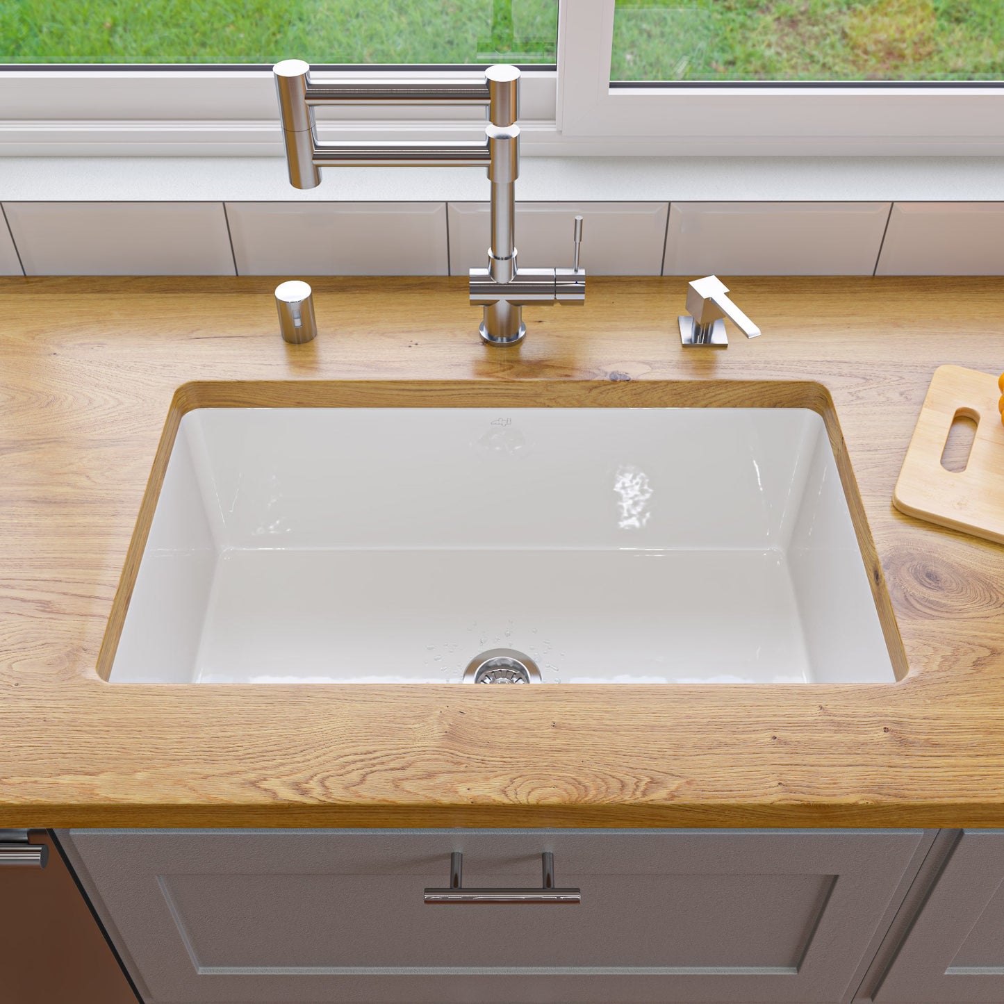 ALFI brand ABF3018UD ABF3018UD-W White 30" x 18" Fireclay Undermount / Drop In Kitchen Sink w Grid