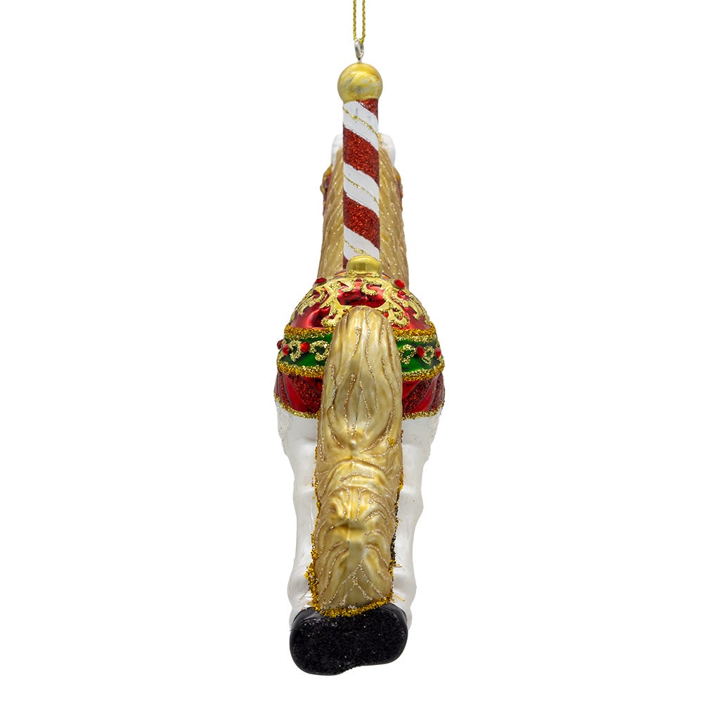 Decorative Christmas ornament shaped like a candy cane with gold and red details on a white background