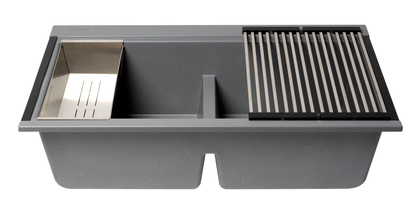 ALFI brand AB3418DBUM 33" Granite Composite Workstation Step Rim Double Bowl Undermount Sink with Accessories