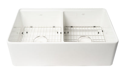 ALFI brand ABFS3320D Workstation 33" x 20" Double Bowl Step Rim Fireclay Farm Sink with Accessories