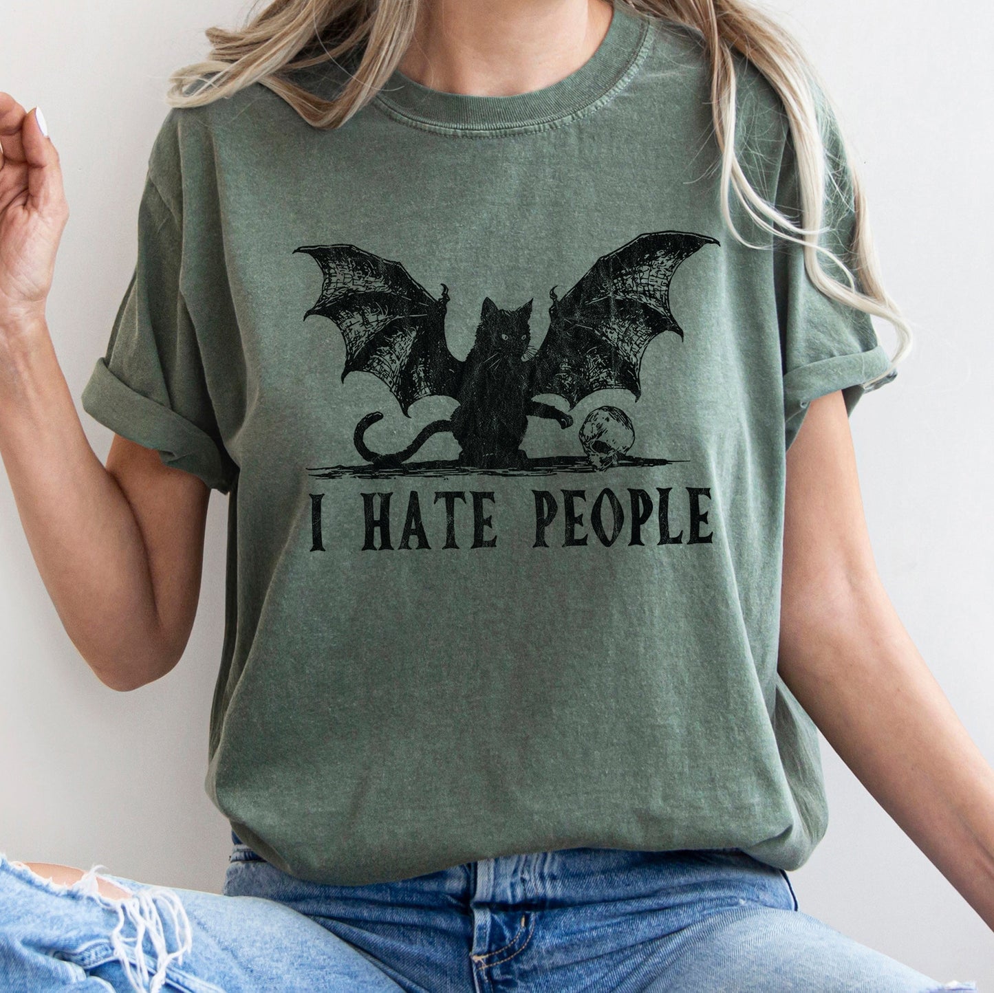 I Hate People Cat Bat Retro Halloween Comfort Colors Tshirt
