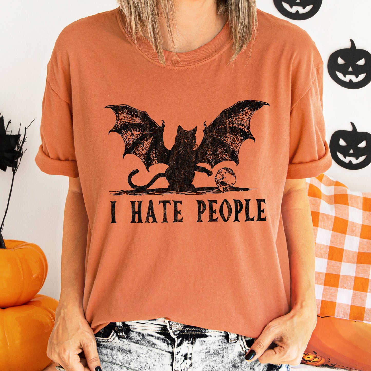 I Hate People Cat Bat Retro Halloween Comfort Colors Tshirt