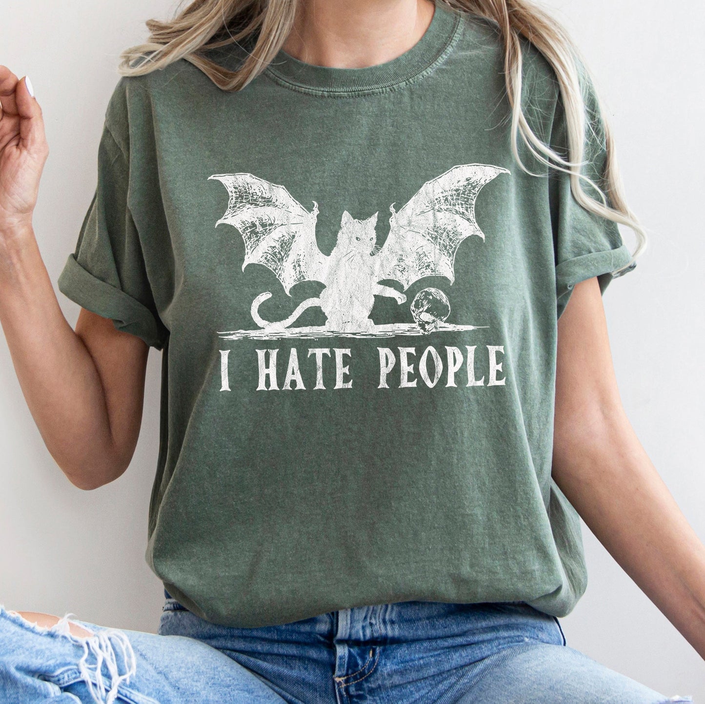 I Hate People Cat Bat Retro Halloween Comfort Colors Tshirt