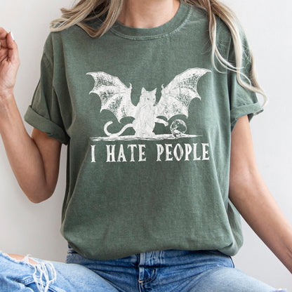 I Hate People Cat Bat Retro Halloween Comfort Colors Tshirt