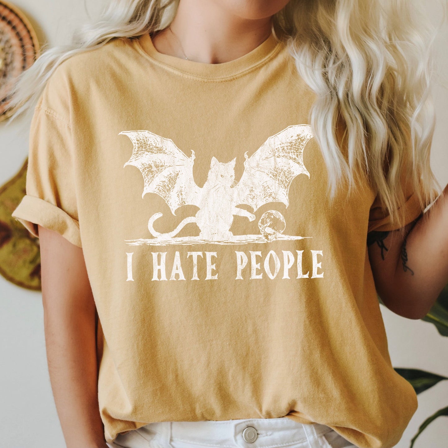 I Hate People Cat Bat Retro Halloween Comfort Colors Tshirt