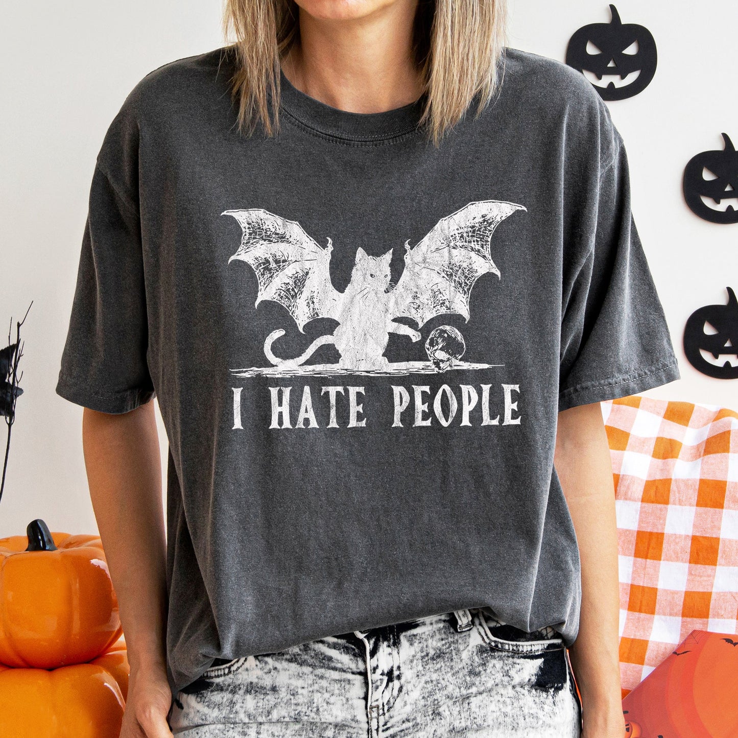 I Hate People Cat Bat Retro Halloween Comfort Colors Tshirt