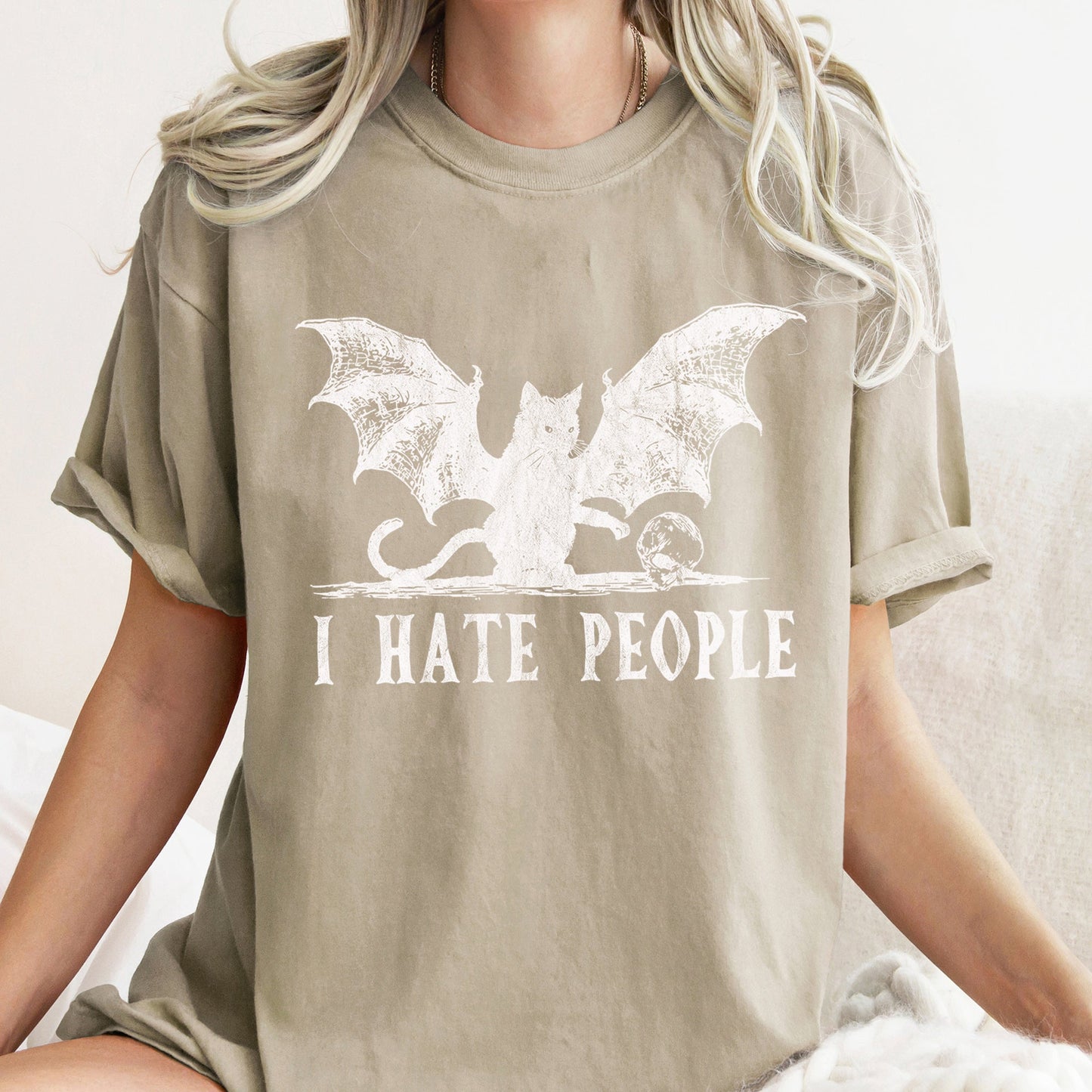 I Hate People Cat Bat Retro Halloween Comfort Colors Tshirt