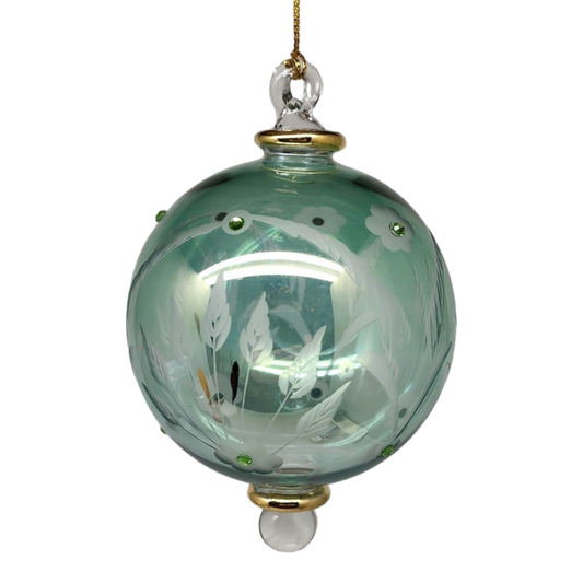 Etched Blown Glass Ball with Crystal Accents - Green