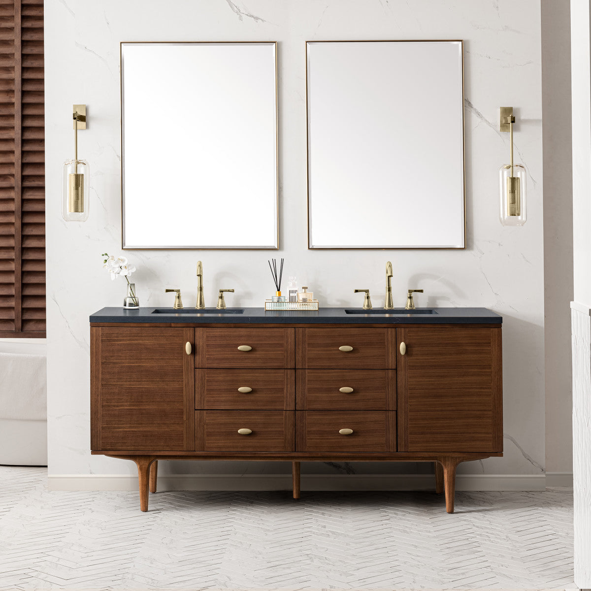 Amberly 72" Double Vanity Cabinet, Mid-Century Walnut