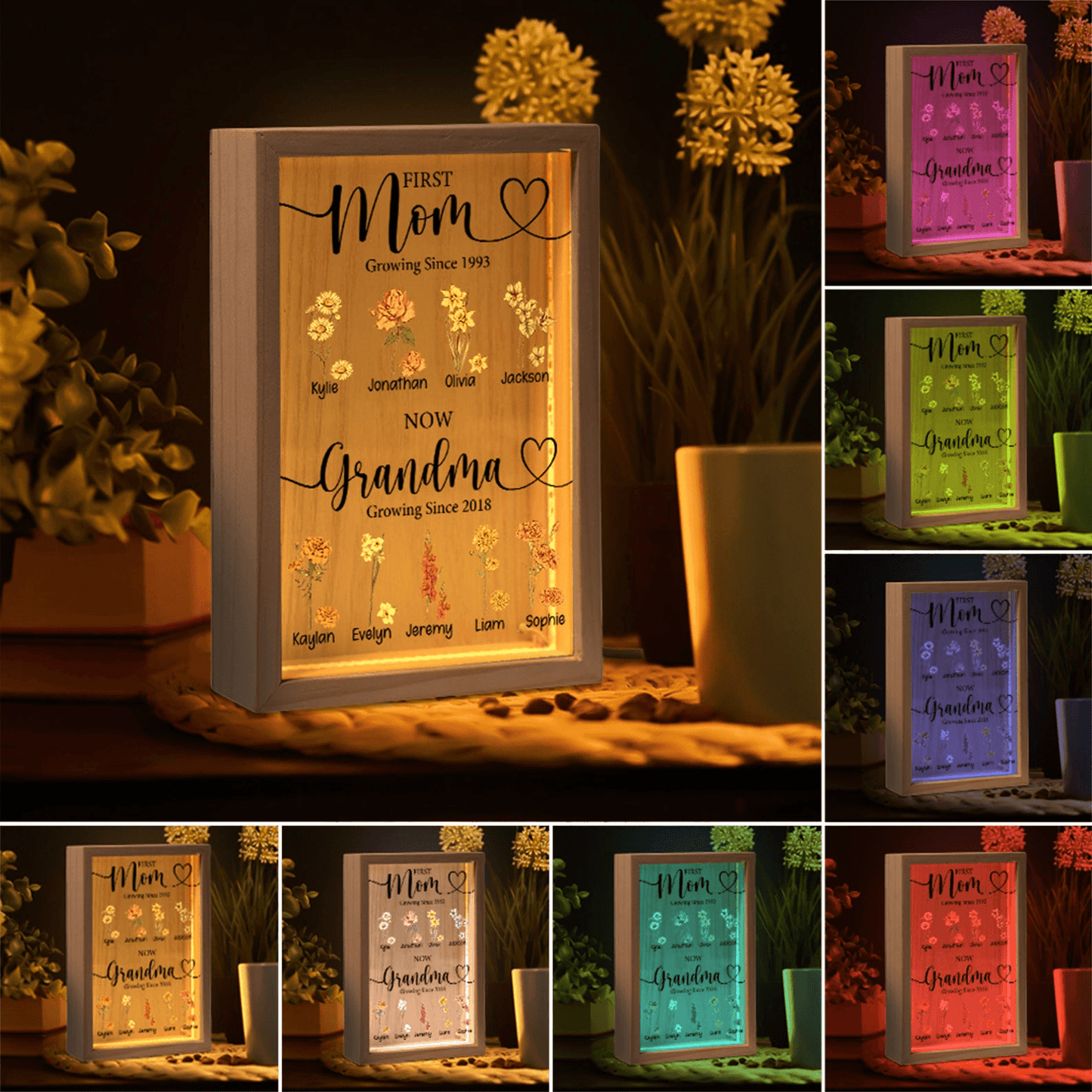 First Mom Now Grandma - Custom Birth Month Flower - Personalized Gift for Grandma - LED Night Lamp, Mother's Day, Birthday | Frame Light Box