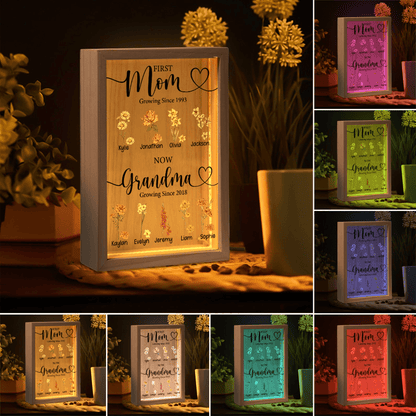 First Mom Now Grandma - Custom Birth Month Flower - Personalized Gift for Grandma - LED Night Lamp, Mother's Day, Birthday | Frame Light Box