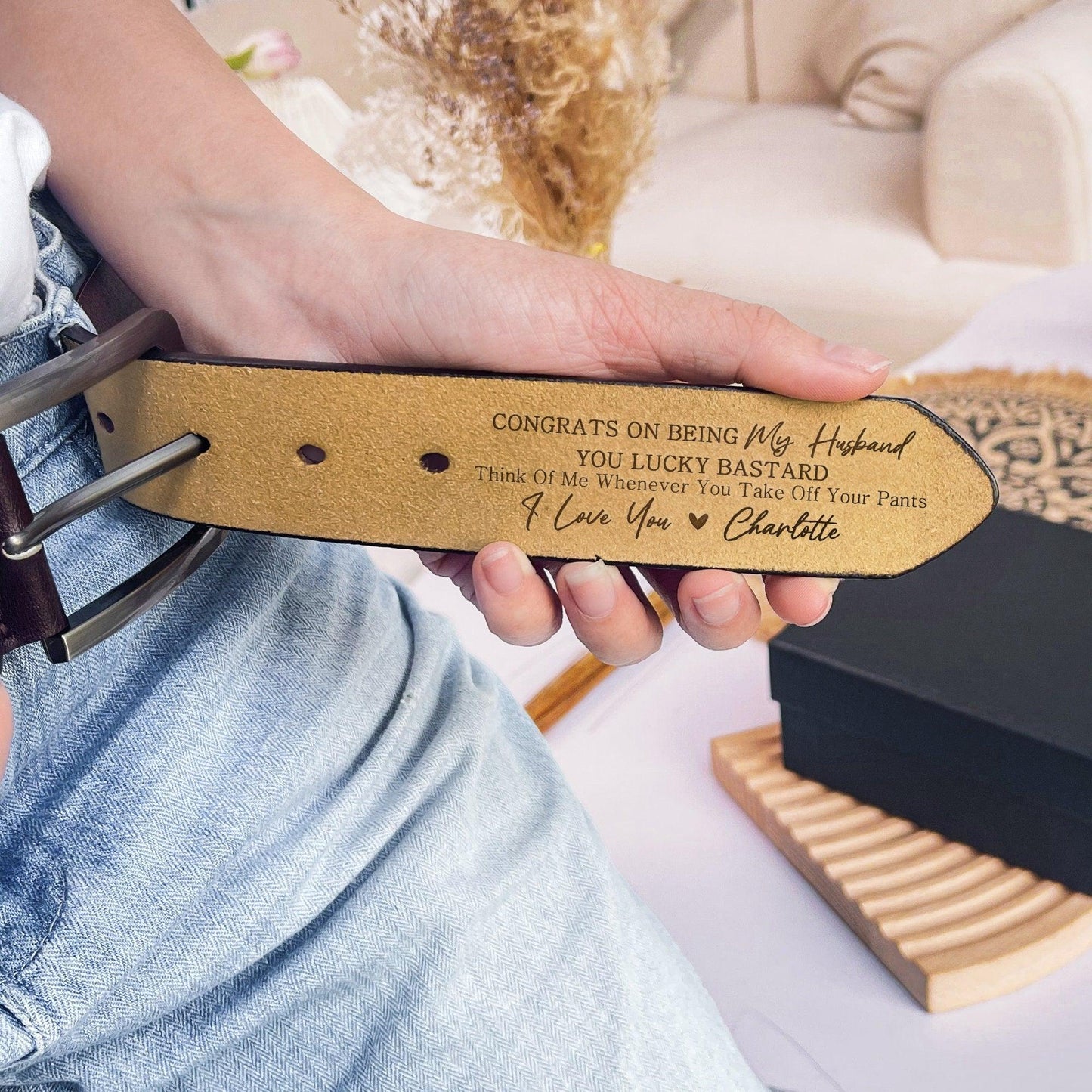 Custom Engraved Belt for Him - You Lucky - Personalized Gift for Husband, Boyfriend, Fiancé | Valentine, Anniversary, Father's Day |  Leather