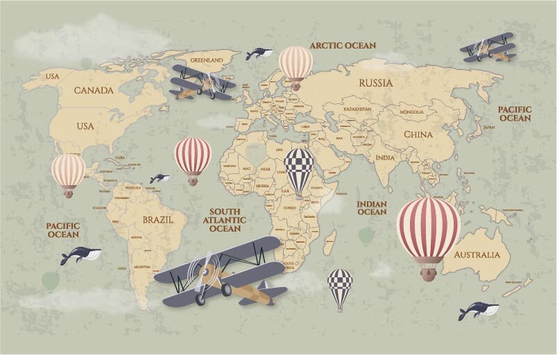 Beige world explorer map mural | Kitchen + Metal