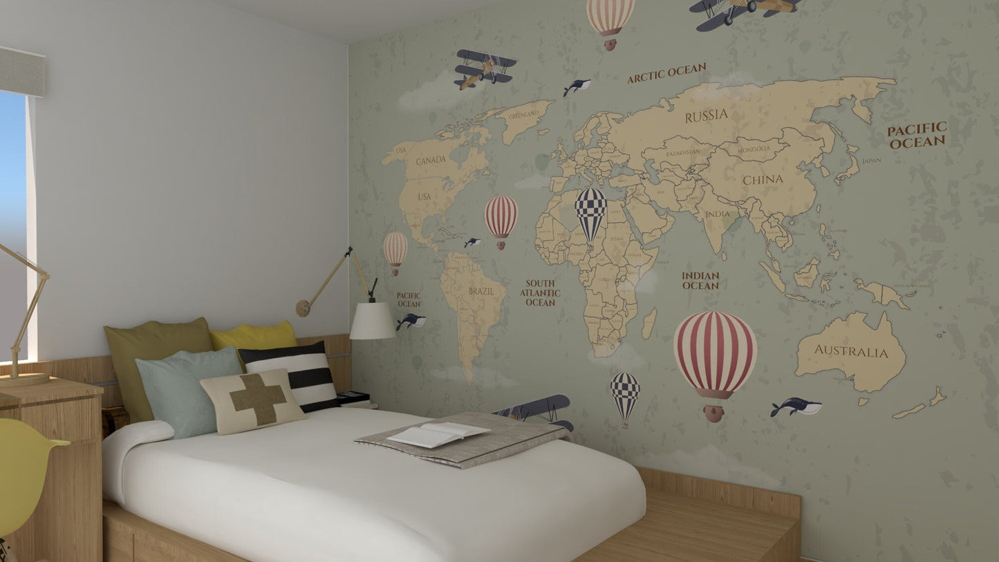 Beige world explorer map mural | Kitchen + Metal