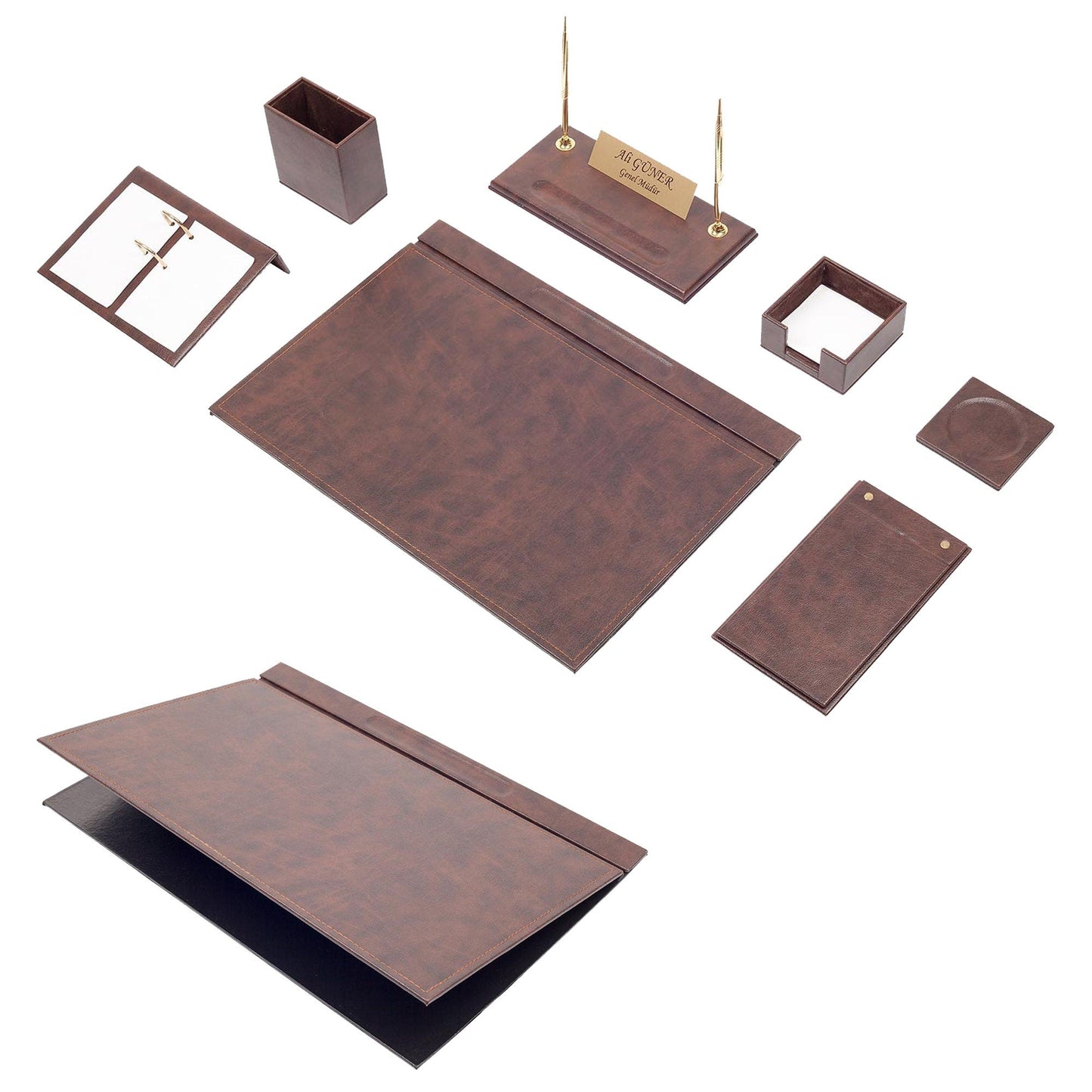 MOOG Leather Desk Set -Brown - 9 PCS