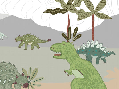 Illustration of dinosaurs in a prehistoric setting with palm trees and mountains.