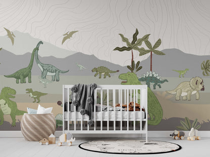 Children's room with dinosaur-themed wallpaper and crib.