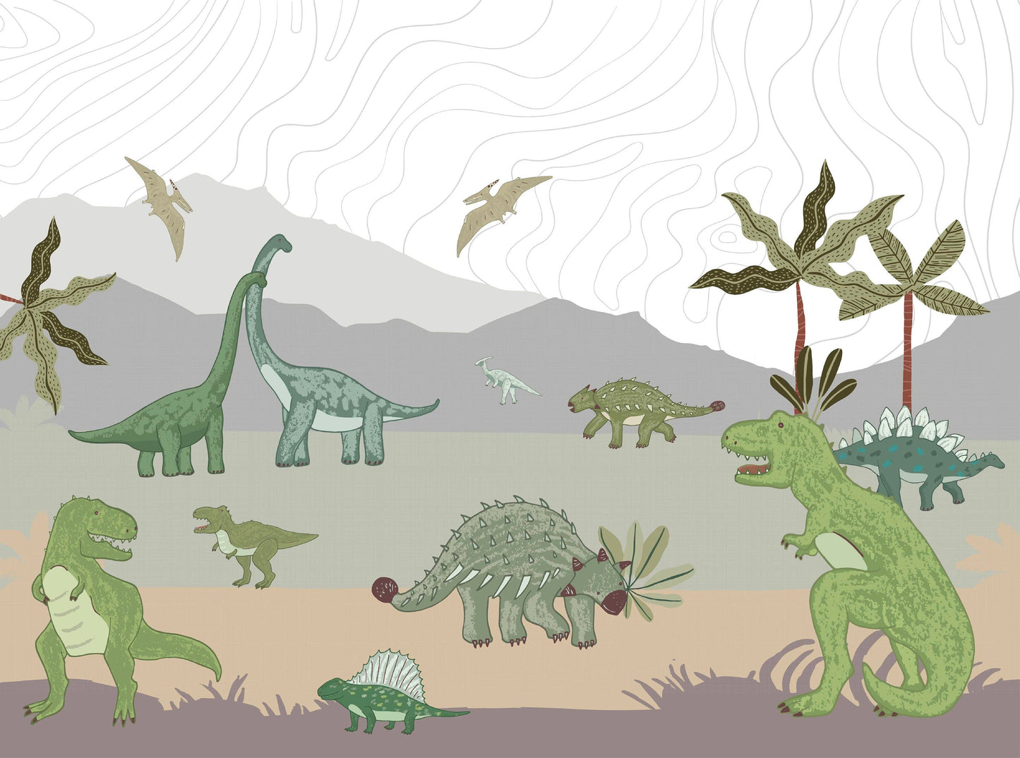 Illustration of various dinosaurs in a prehistoric setting with plants and mountains.