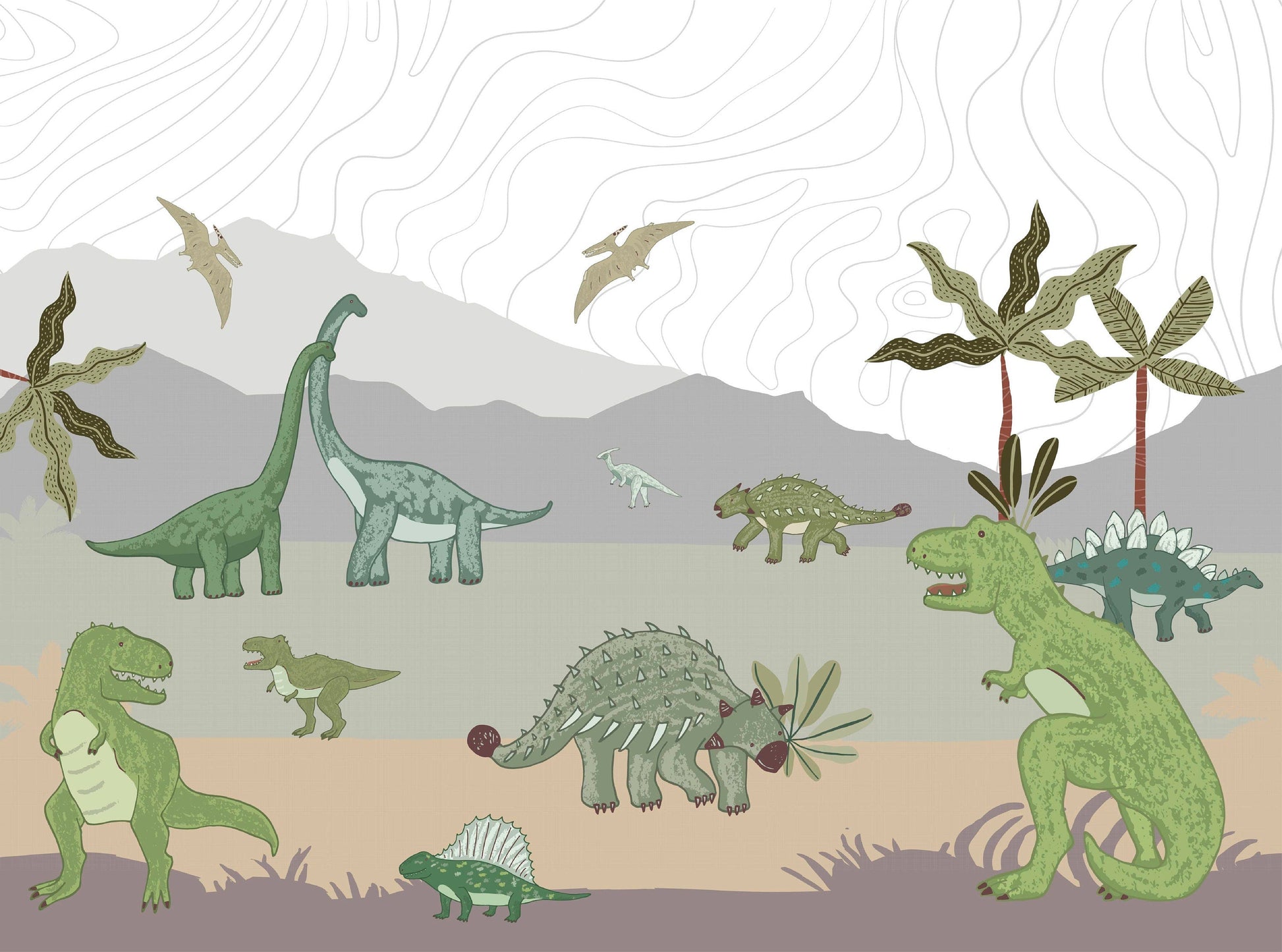 Illustration of various dinosaurs in a prehistoric setting with plants and mountains.