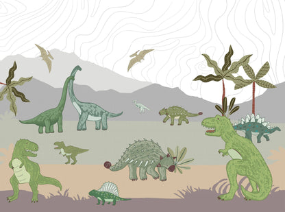 Illustration of various dinosaurs in a prehistoric setting with plants and mountains.