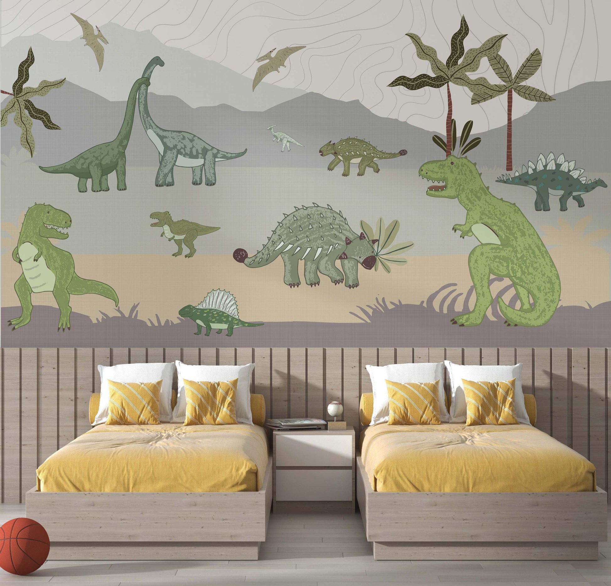 Children's room with dinosaur mural and two beds.