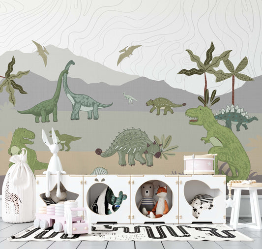 A wallpaper featuring various dinosaurs, such as a Tyrannosaurus rex and Brontosaurus, in a mountainous landscape with palm trees.