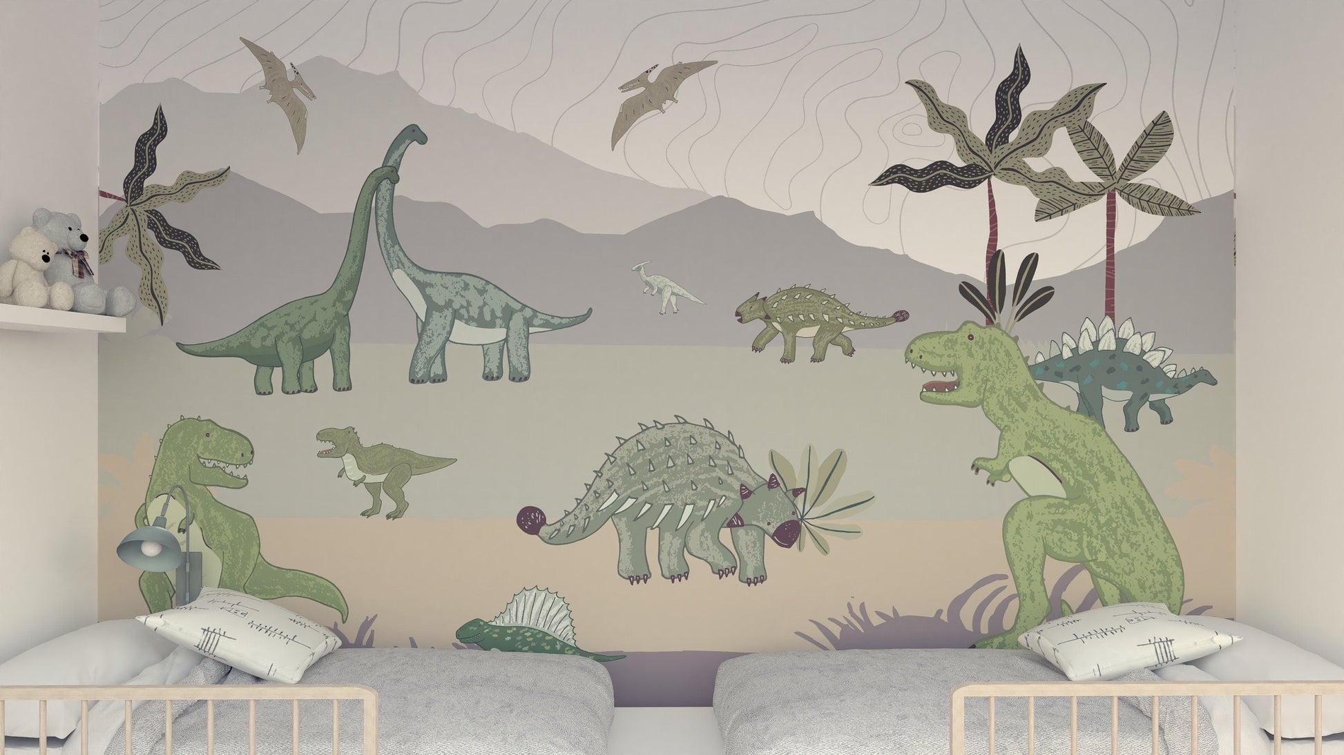 Children's room with dinosaur mural on the wall.