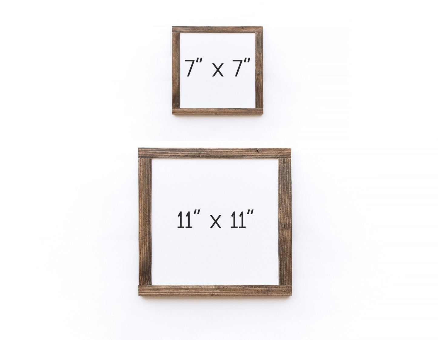 Two wooden picture frames with dimensions labeled on a white background
