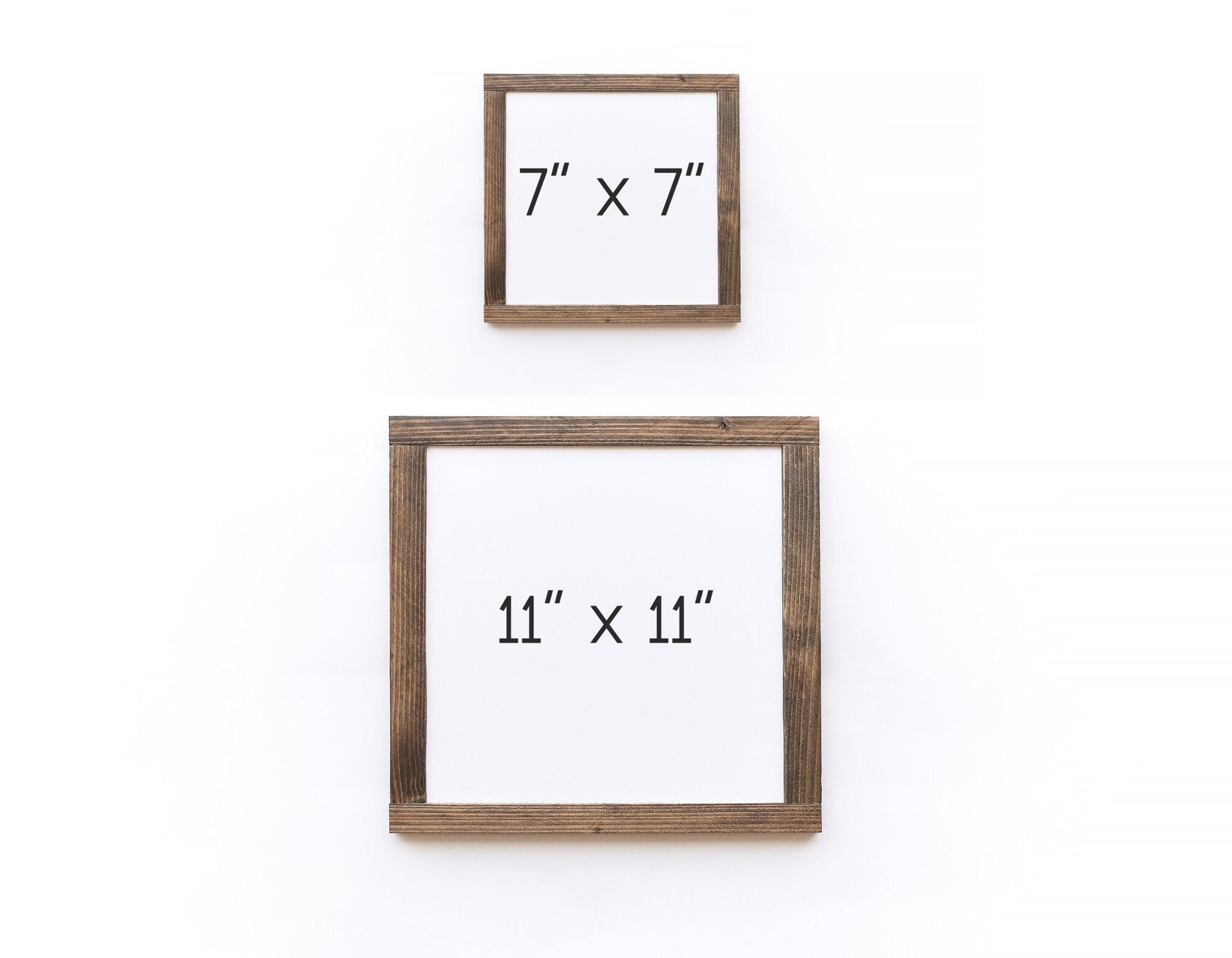 Two wooden picture frames with dimensions labeled on a white background
