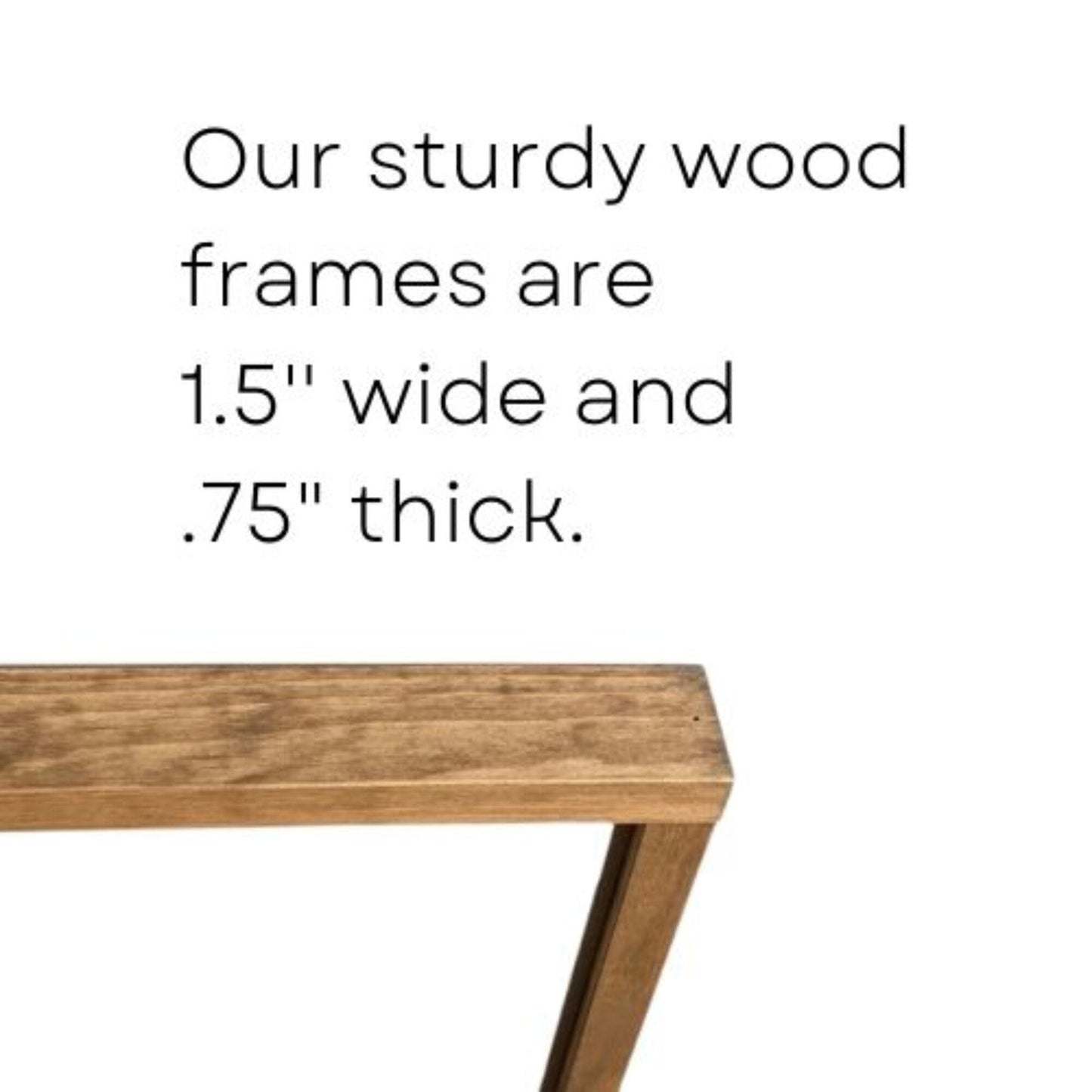 Wooden frame with text about its dimensions on a white background