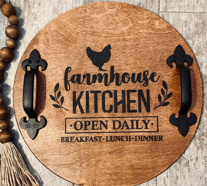 Rustic Round Wood Tray With Handles, Farmhouse Serving Tray, Rooster