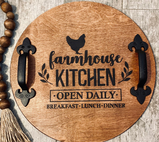 Rustic Round Wood Tray With Handles, Farmhouse Serving Tray, Rooster