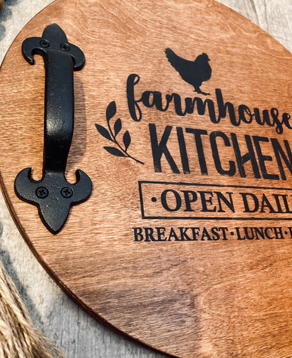 Rustic Round Wood Tray With Handles, Farmhouse Serving Tray, Rooster