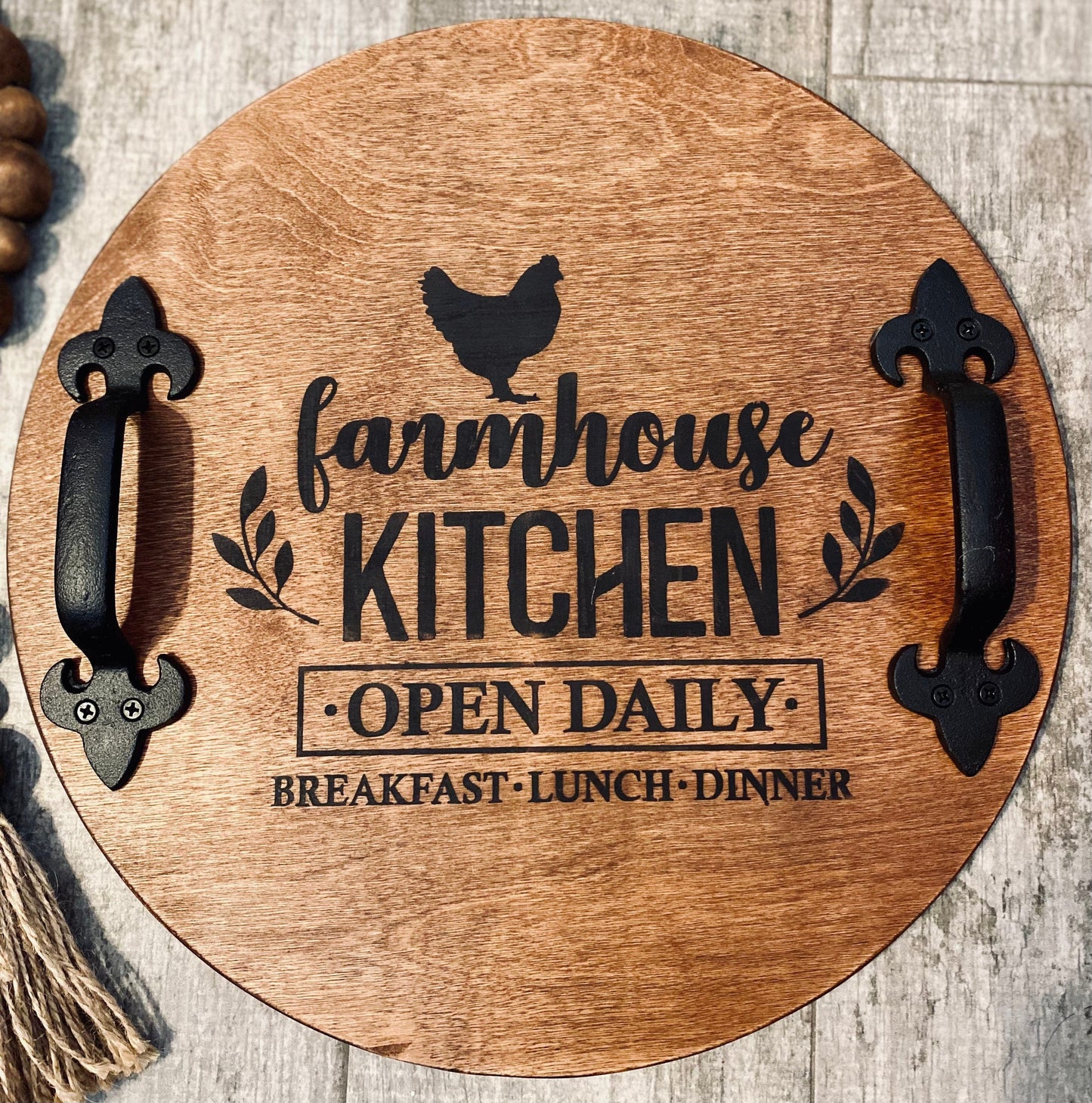Rustic Round Wood Tray With Handles, Farmhouse Serving Tray, Rooster