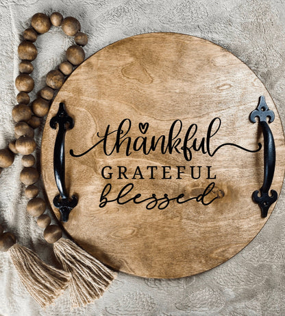 Thankful Grateful Blessed Tray, Farmhouse Decor, Kitchen Gift, Wooden | Kitchen [Wood] | Kitchen + Metal