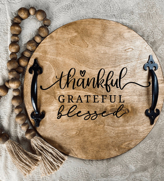 Thankful Grateful Blessed Tray, Farmhouse Decor, Kitchen Gift, Wooden | Kitchen [Wood] | Kitchen + Metal