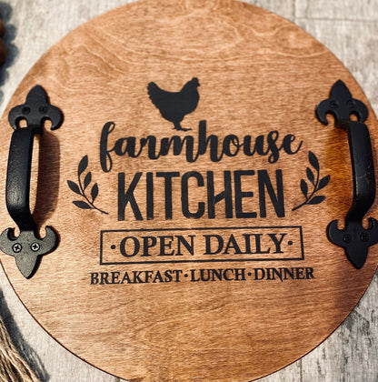 Rustic Round Wood Tray With Handles, Farmhouse Serving Tray, Rooster