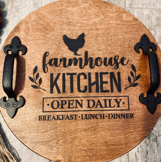 Rustic Round Wood Tray With Handles, Farmhouse Serving Tray, Rooster