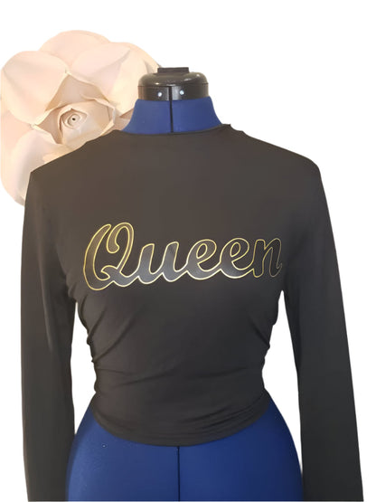 Long Sleeve Crew Neck Fitted Crop Top | Print Queen Long Sleeve Top