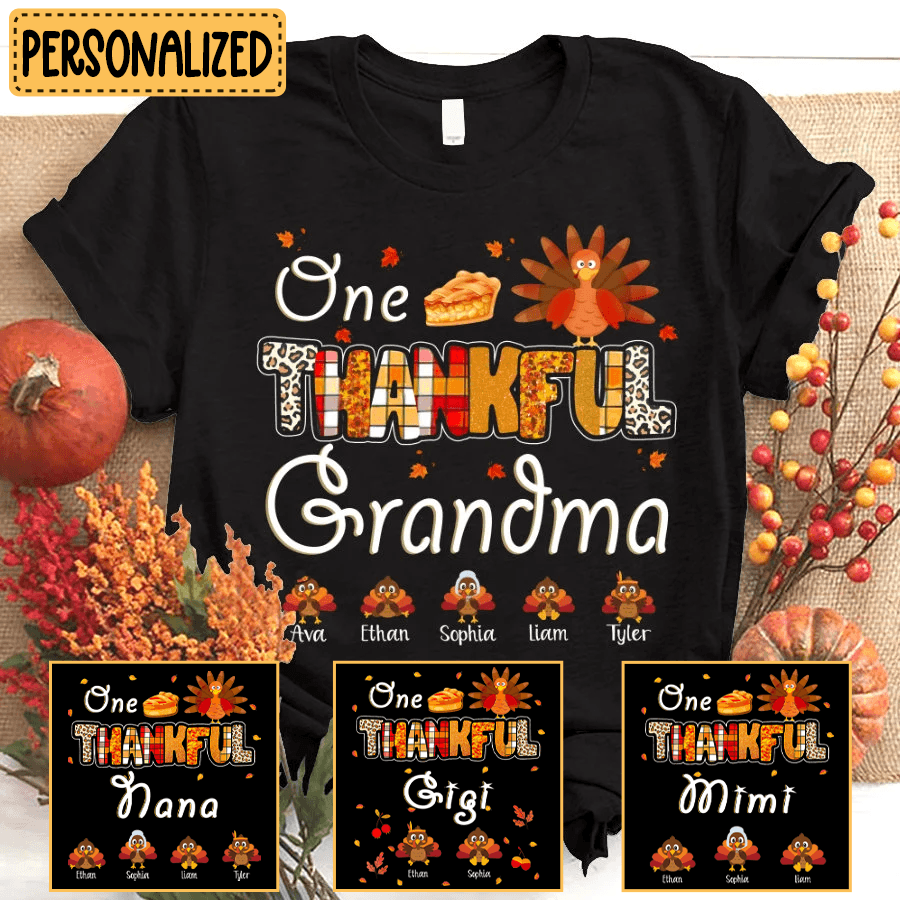 Up to 19 Kids - One Thankful Grandma Little Turkeys - Personalized Custom T Shirt - Thanksgiving, Birthday, Loving, Funny Gift for Grandma/Grandparent