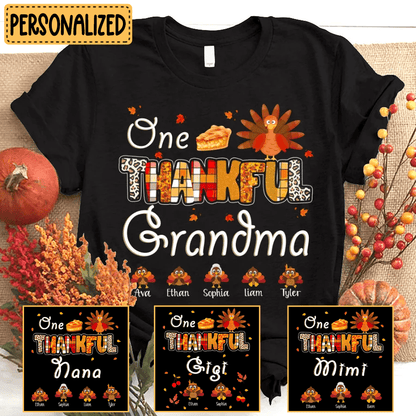 Up to 19 Kids - One Thankful Grandma Little Turkeys - Personalized Custom T Shirt - Thanksgiving, Birthday, Loving, Funny Gift for Grandma/Grandparent