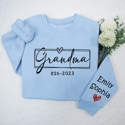 Up to 15 Kids - Custom Grandma Est. 2025 Sleeve Printed Sweater - Personalized Crewneck Sweatshirt - Gift for Grandma, Nana, or Grandparent | Birthday