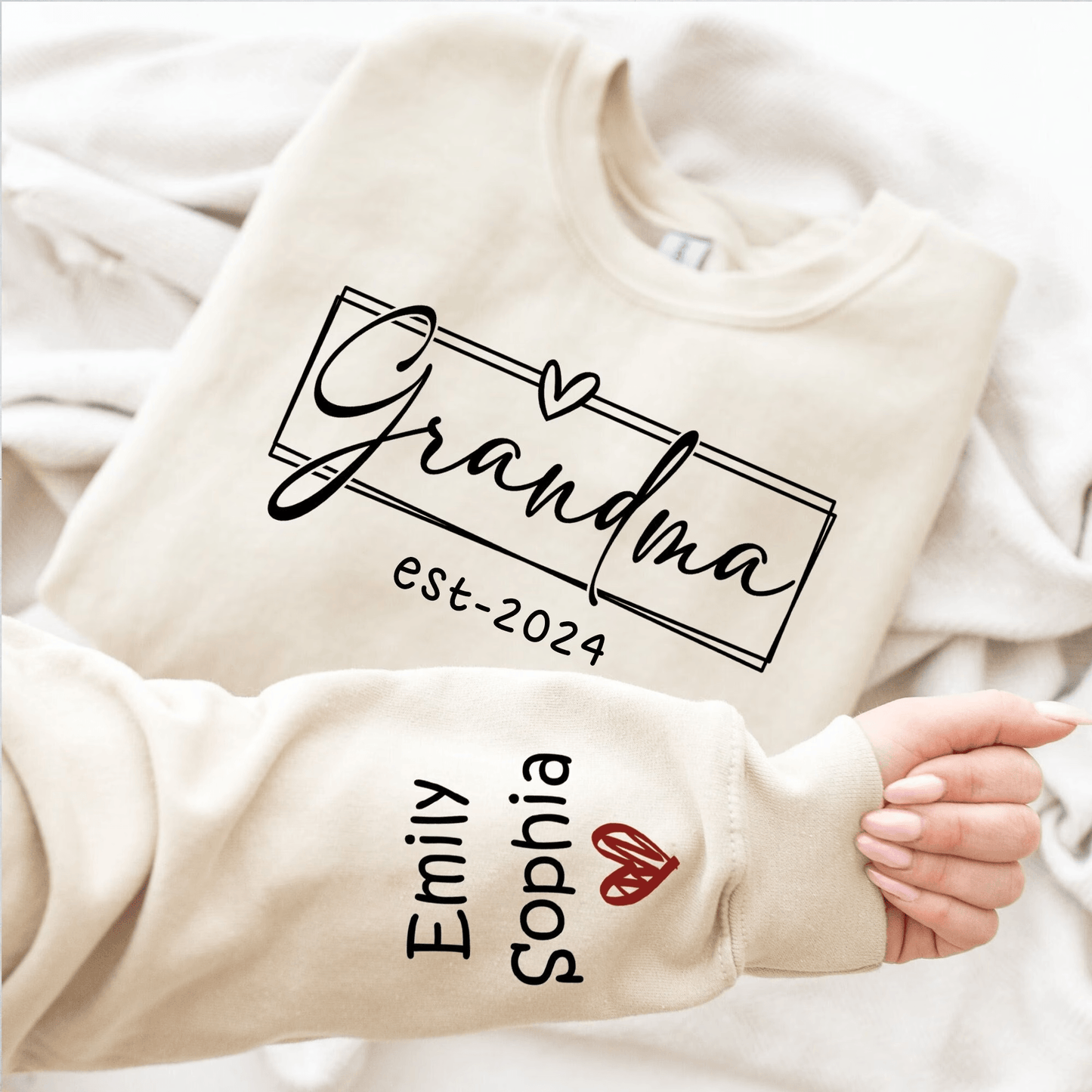 Up to 15 Kids - Custom Grandma Est. 2025 Sleeve Printed Sweater - Personalized Crewneck Sweatshirt - Gift for Grandma, Nana, or Grandparent | Birthday
