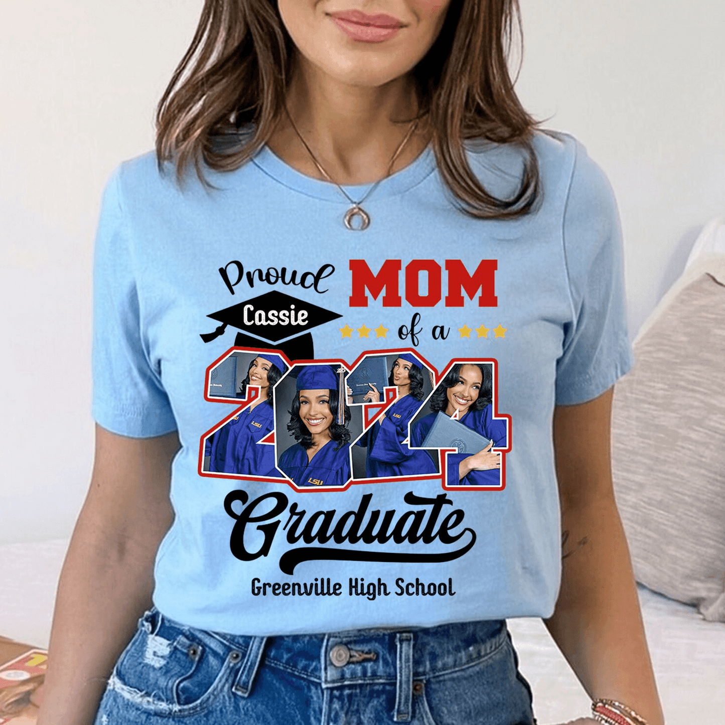 Custom Photo Proud Family Of A Class Of 2024 Graduate Senior - Personalized Custom Graduation T Shirt - Loving Gift for Grandma, Grandpa, Mom, Dad, Brother, Sister, Aunt, Uncle | Blue