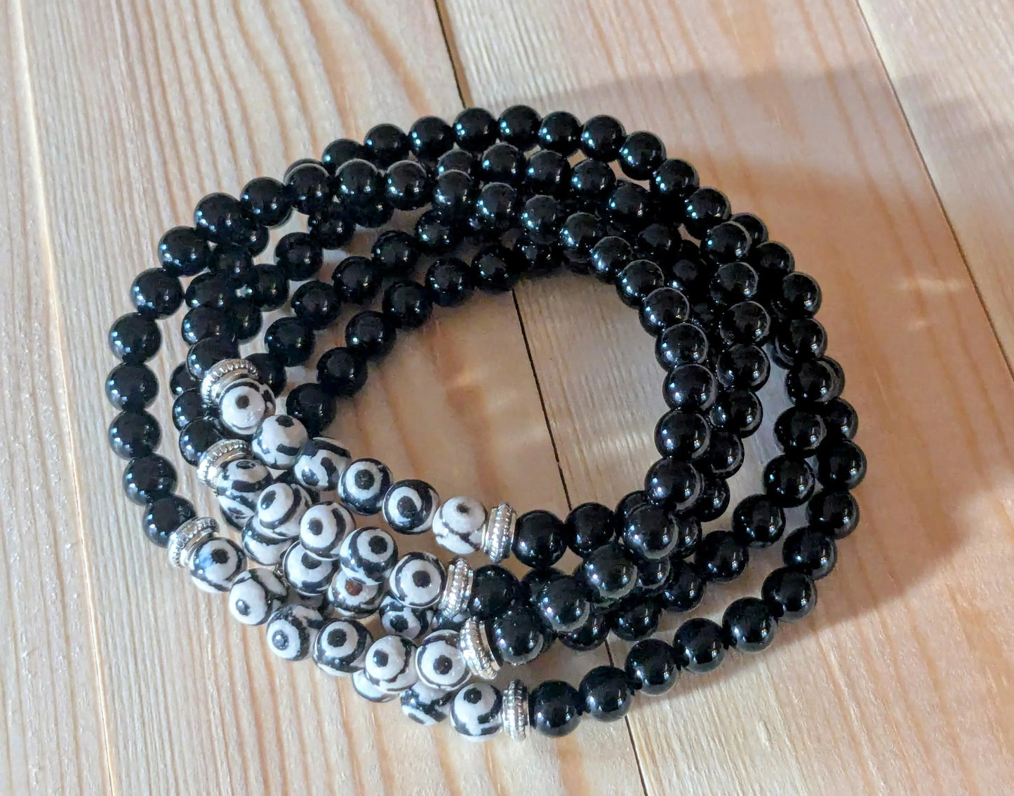 Tibetan Triple Eye Dzi & Black Onyx Stretch Bracelets
